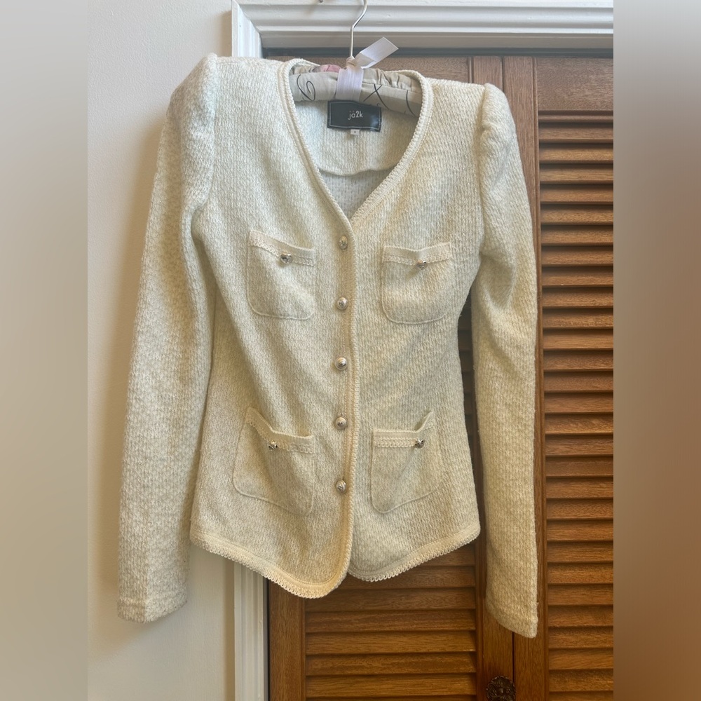 Ja2K Beige puff sleeve Cardigan with gold buttons Size Small